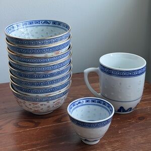 10pcs Ornate Vintage Chinese Rice Eye Grain Bowls Mug Cups Porcelain Handpainted